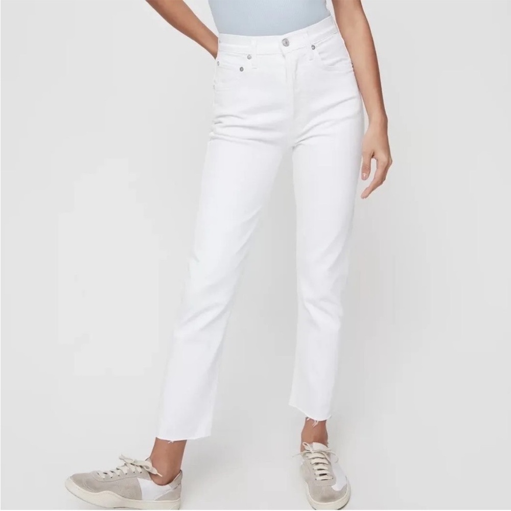 AGOLDE RILEY High Rise White Denim Raw Hem Straight Leg Jeans - Revolve